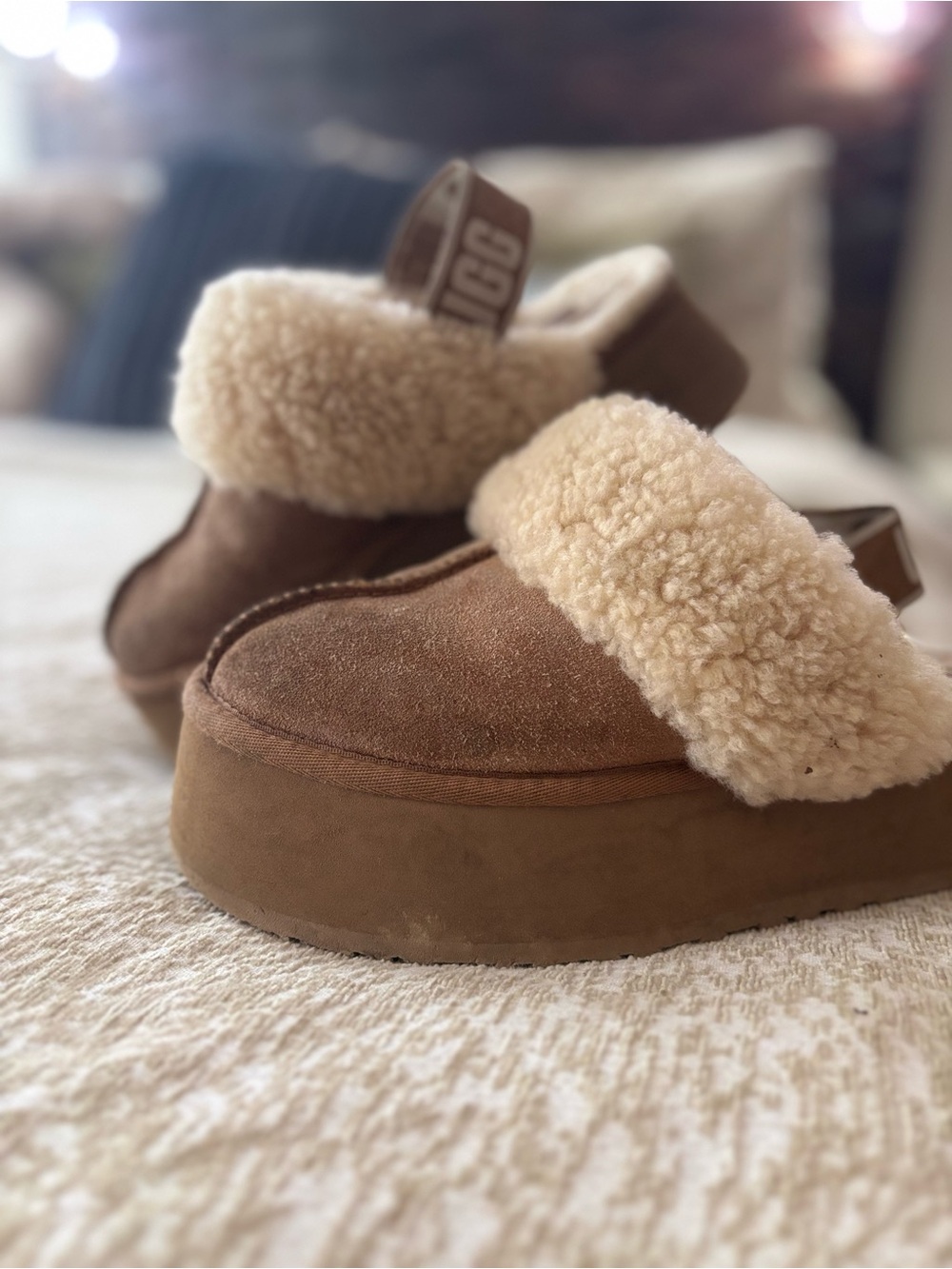 UGG women’s Chestnut Suede Shearling Slip-On Slippers with Branded Heel Strap
